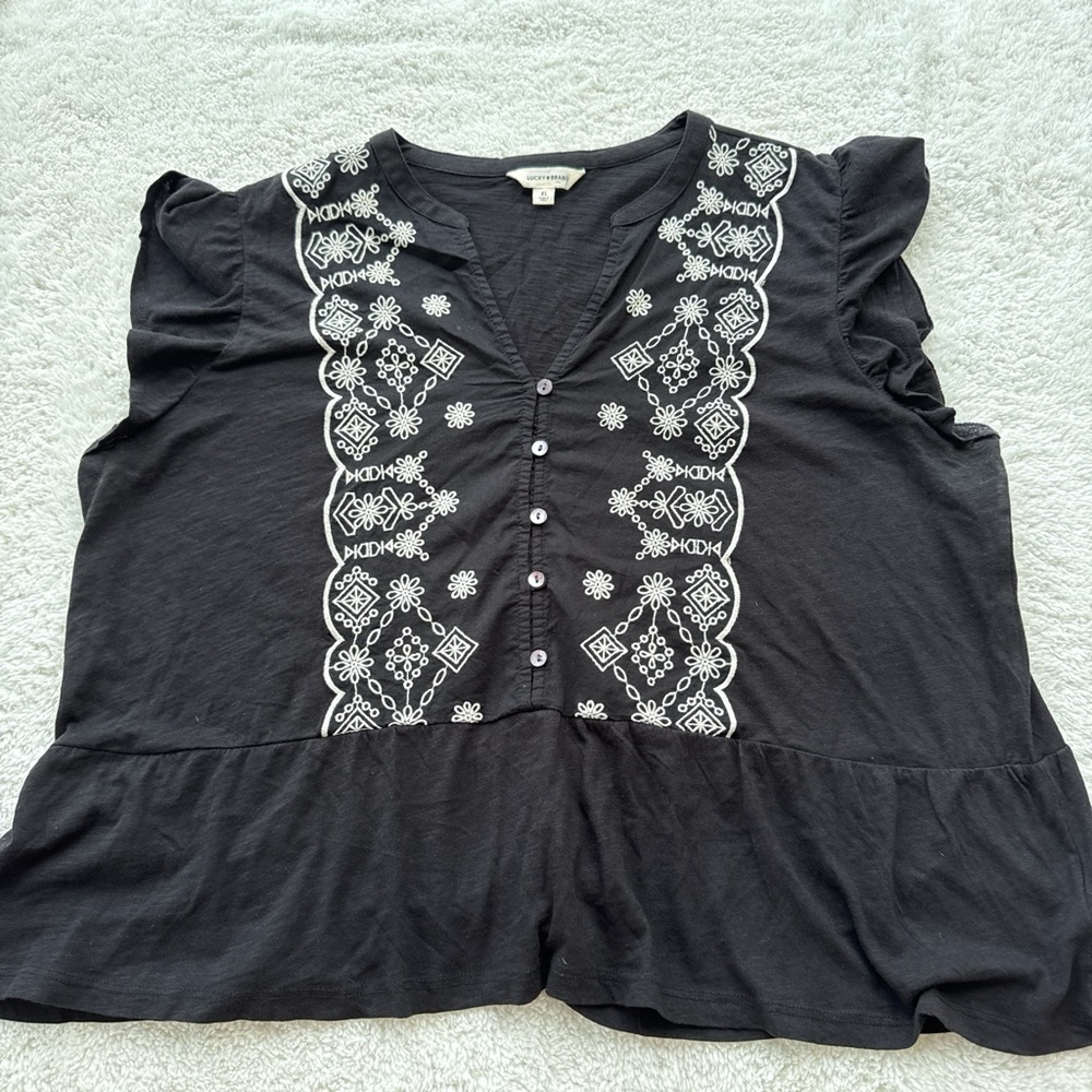 Lucky Brand Black Blouse with White Embroidered Front